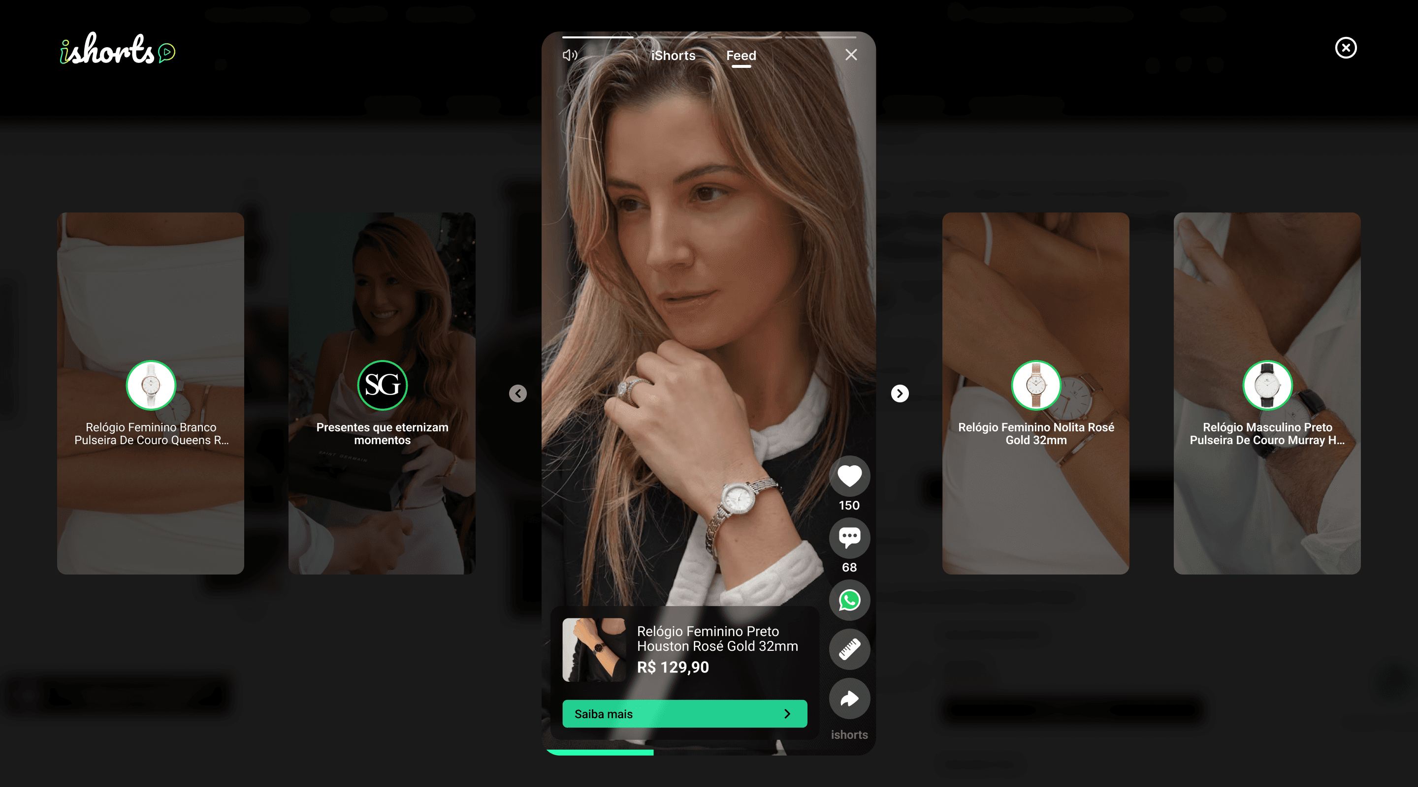 Feed vertical do iShorts dentro de uma loja, com card de produto, preco e botao de compra sobre o video