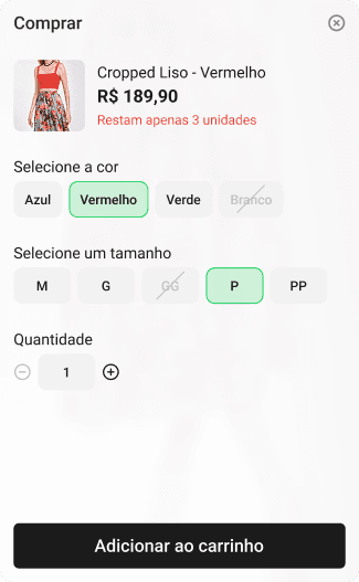 Produto sendo adicionado ao carrinho pelo botão dentro do vídeo, sem sair do player